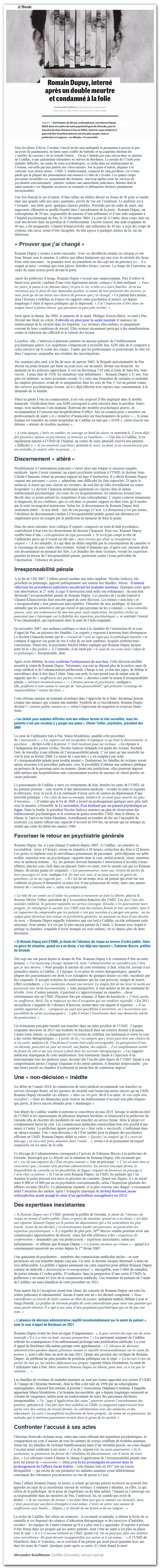 Le Monde : Romain Dupuy ou la « perpétuité psychatrique »