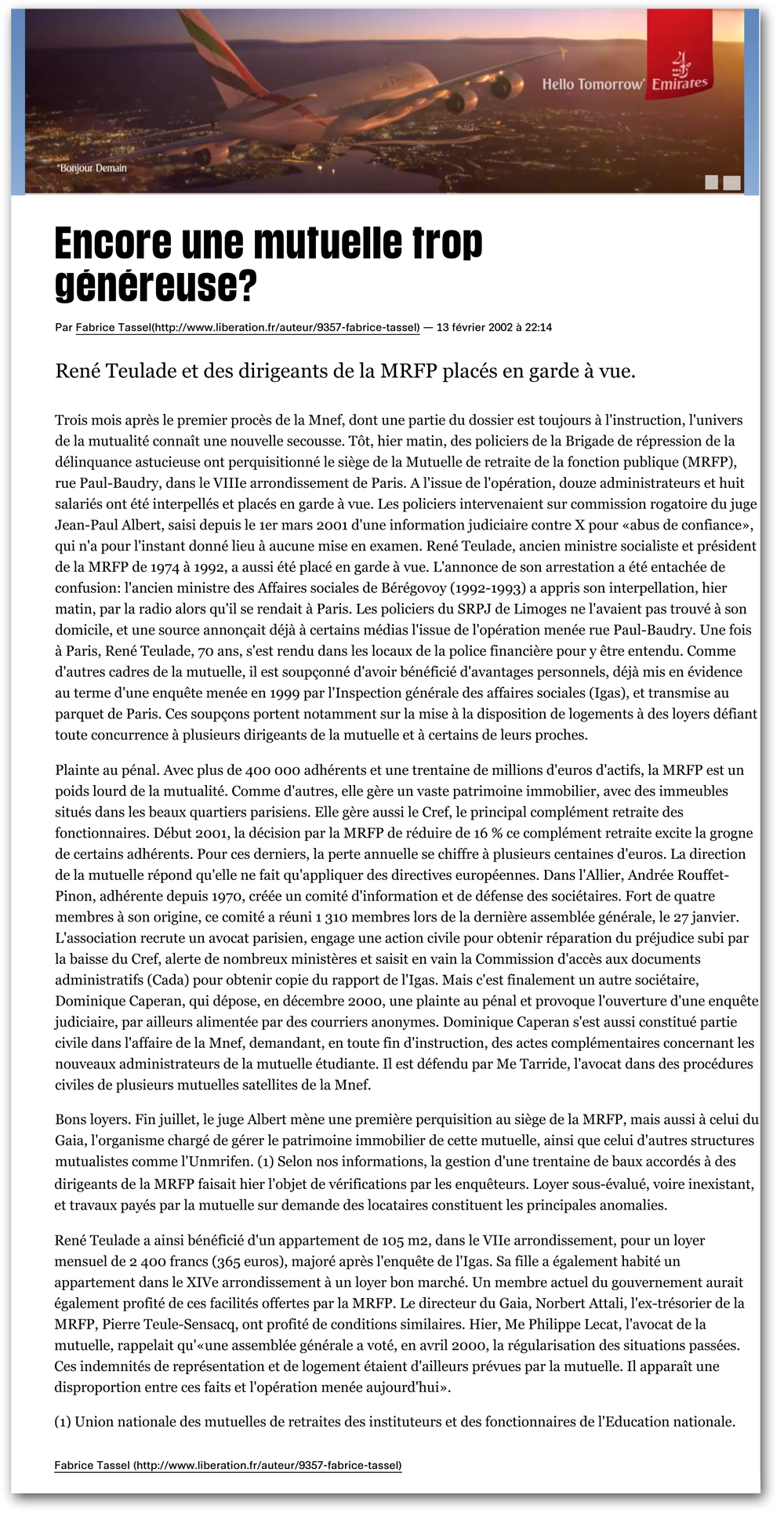 Article Libération "Encore un Mutuelle trop généreuse ?"