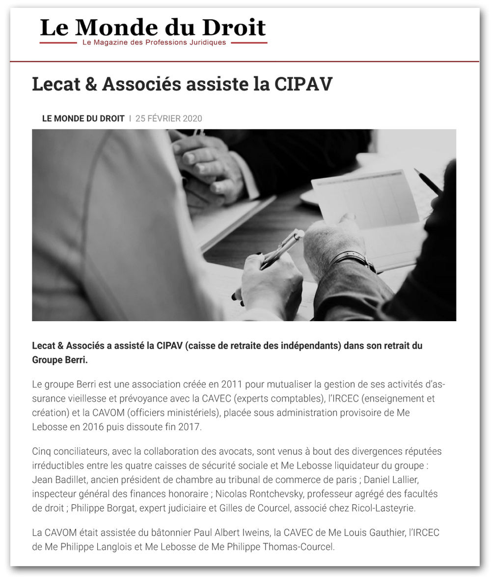 Le Monde du Droit : Lecat & Associés assiste la CIPAV