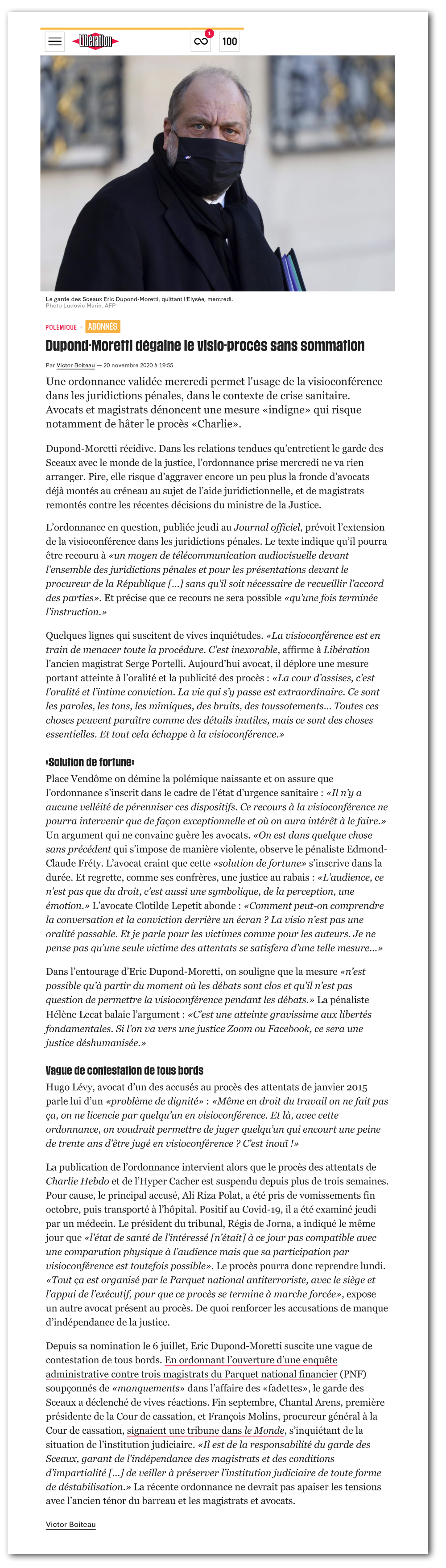 Article Libération "Dupond-Moretti dégaine le visio-procès sans sommation"