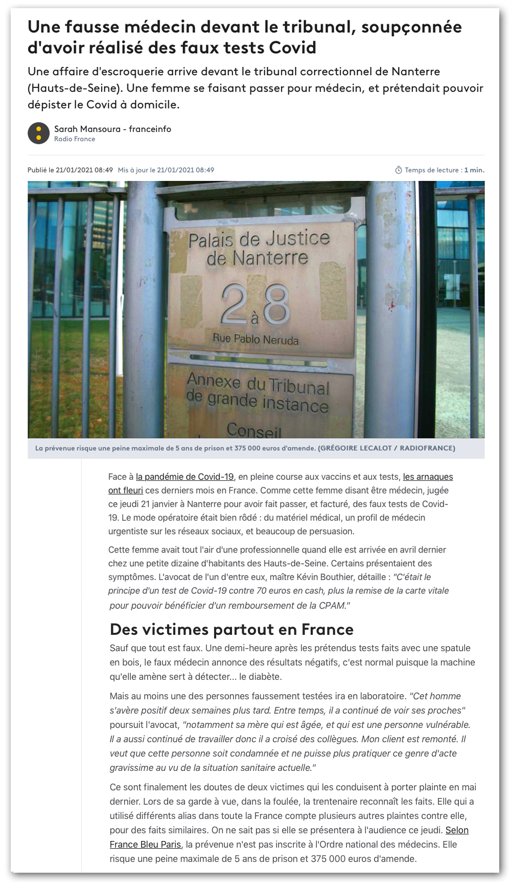 France Info : Une fausse médecin devant le tribunal, soupçonnée d'avoir réalisé des faux tests Covid