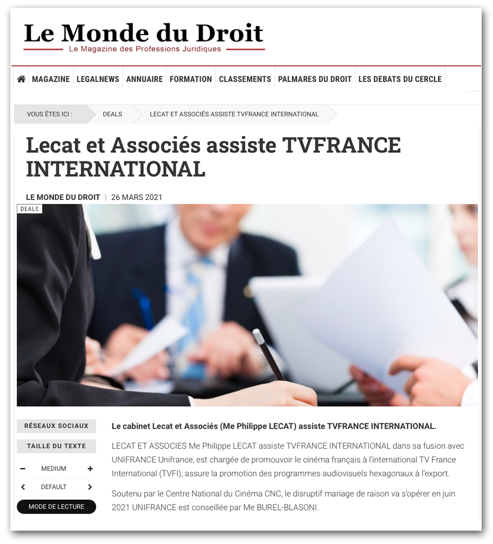 Le Monde du Droit : Le cabinet Lecat et Associés assiste TVFRANCE INTERNATIONAL